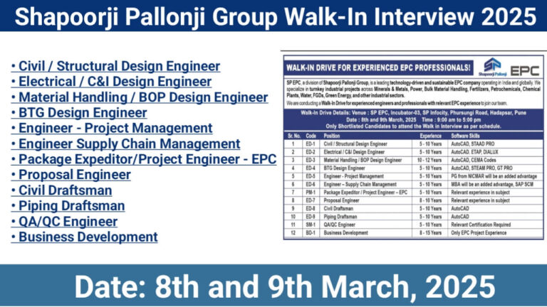 Shapoorji Pallonji Group Walk-In Interview 2025 | Date: 8th and 9th March 2025