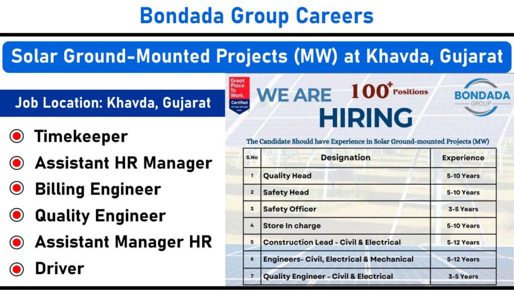 Solar Project Jobs in Khavda, Gujarat – Quality Head, Safety Officer, Construction Lead, and More Openings at Bondada Group