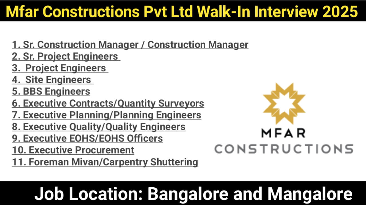 Mfar Constructions Pvt Ltd Walk-In Interview 2025 | Days: Monday to Friday