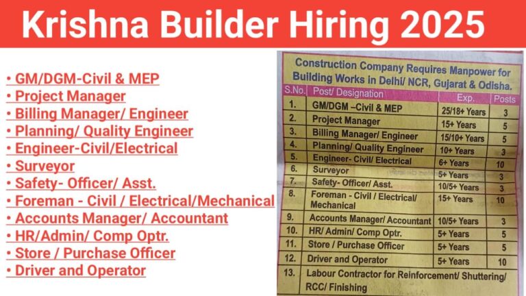 Krishna Builder Hiring – Multiple Job Openings for Building Works in Delhi/NCR, Gujarat & Odisha