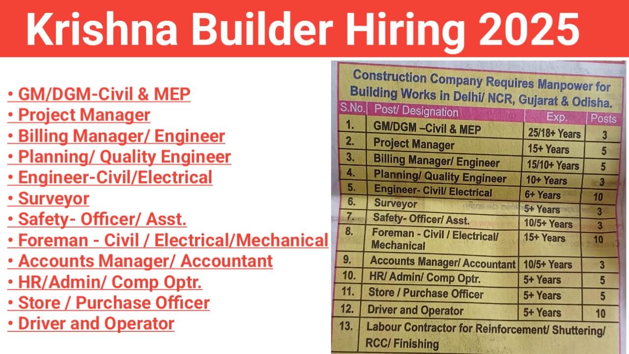 Krishna Builder Hiring – Multiple Job Openings for Building Works in Delhi/NCR, Gujarat & Odisha