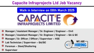 Capacite Infraprojects Ltd Job Vacancy: Recruitment for Multiple Positions | Walk in Interview on 08th March 2025