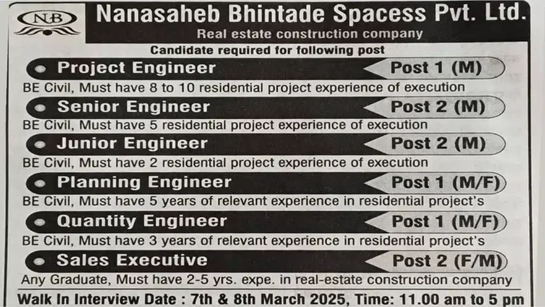 Nanasaheb Bhintade Spacess Pvt Ltd Recruitment 2025 | Walk in Interview on 7th & 8th March 2025