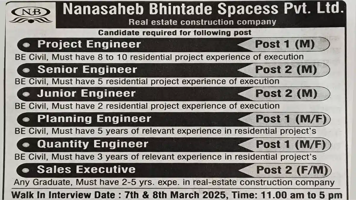 Nanasaheb Bhintade Spacess Pvt Ltd Recruitment 2025 | Walk in Interview on 7th & 8th March 2025