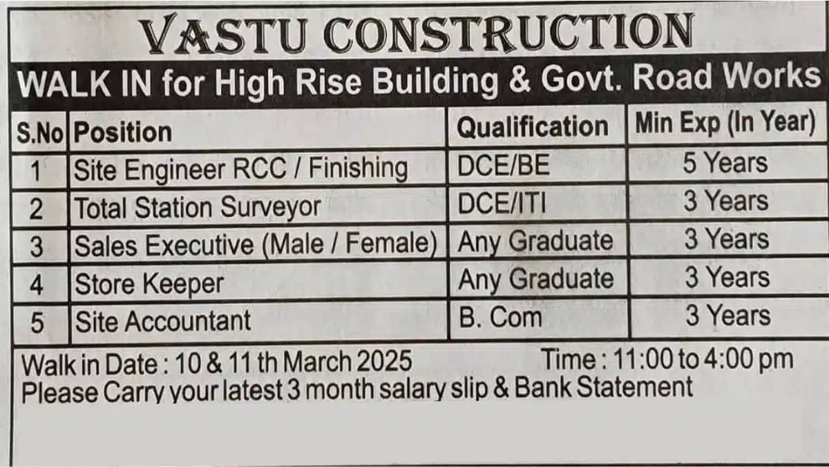 Vastu Construction Walk-In Interview 2025 | for High-Rise Building & Government Road Works | Walk in 10th & 11th March 2025