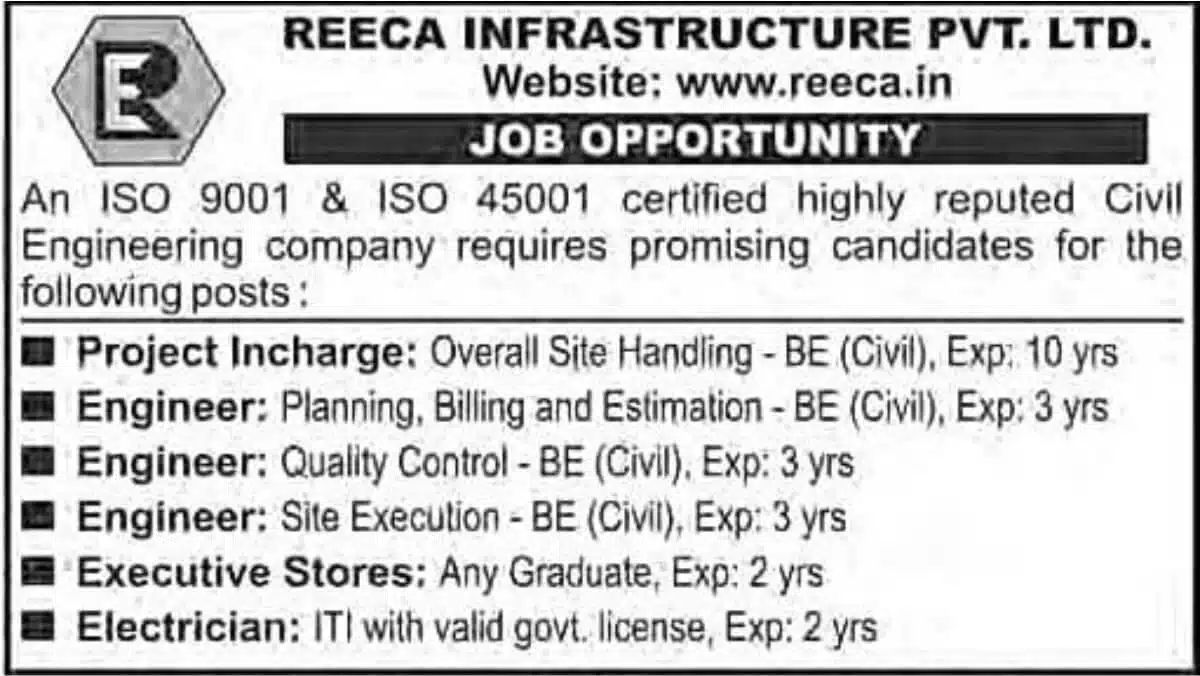 Reeca Infrastructure Pvt Recruitment 2025 | for ITI, Diploma, B.E, B.Tech And Any Graduate