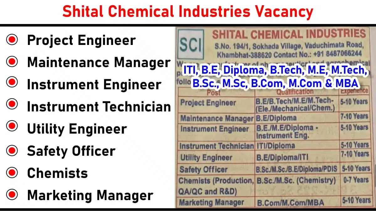 Shital Chemical Industries Hiring 2025 – Project Engineer, Maintenance Manager, Chemists & More