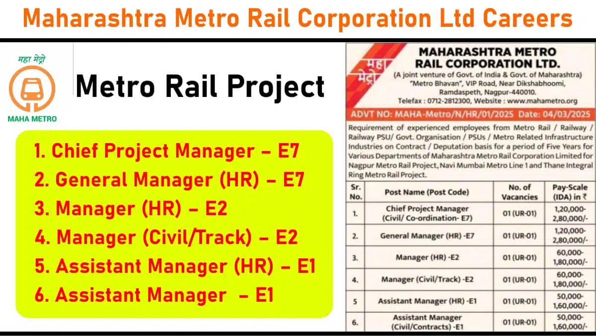 Maharashtra Metro Rail Corporation Hiring – Chief Project Manager, General Manager, Manager, Assistant Manager | Nagpur, Navi Mumbai, Thane Metro Projects