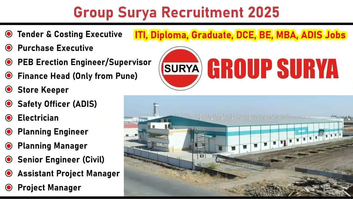 Group Surya Hiring 2025 – Tender & Costing, Purchase, PEB Erection, Finance, Safety & Civil Roles | Industrial Shed Construction