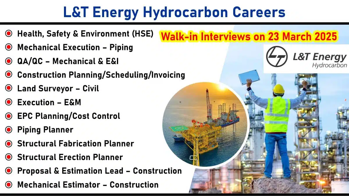 L&T Energy Hydrocarbon Hiring – For HSE, Mechanical, QA/QC, Planning, Estimation Roles | Pan-India & Saudi Arabia | Walk-In Interviews