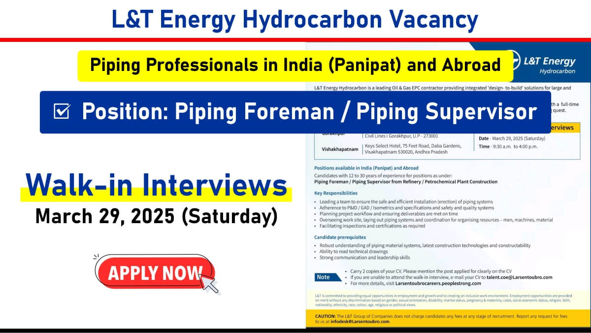 L&T Energy Hydrocarbon Recruitment 2025 | for Piping Foreman & Piping Supervisor | Oil & Gas EPC Projects – India & Abroad