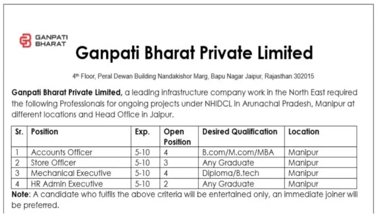 Ganpati Bharat Private Limited New Vacancy May 2025 | Construtcion Jobs In Arunachal Pradesh and Manipur