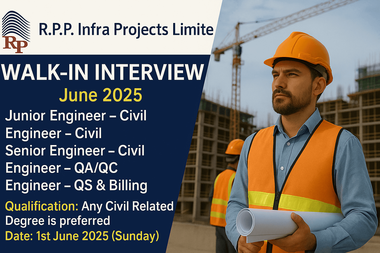RPP Infra Projects Limited Walk-In Drive 2025 | QA/QC Engineer Job | Date: 1st June 2025 (Sunday)