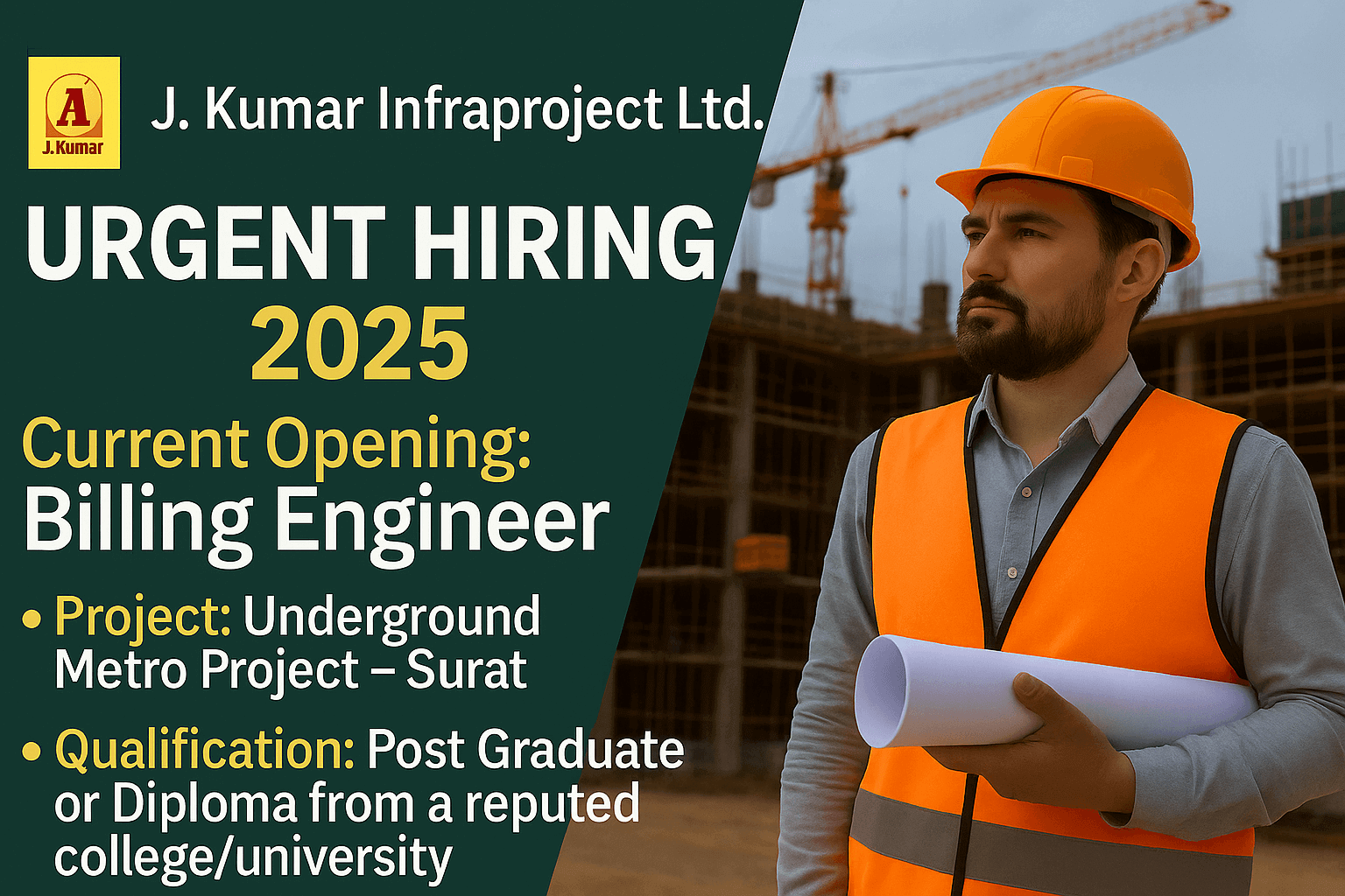 Jkumar Infraprojects Ltd Urgent Hiring 2025 | For Billing Engineer | Underground Metro Project – Surat