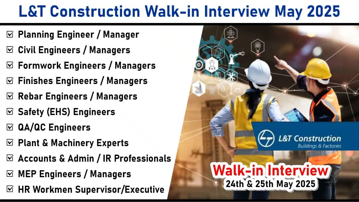 L&T Construction Walk-in Interview May 2025 | Dates: 24th & 25th May 2025