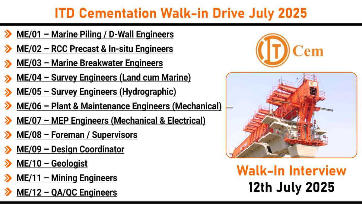 ITD Cementation Walk-in Interview July 2025 | Civil & Mechanical Engineer Jobs for Marine Projects