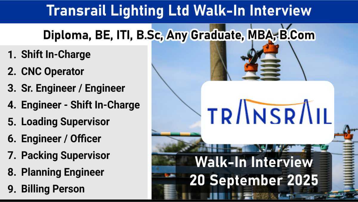 Transrail Lighting Ltd Walk-In Interview September 2025 | For Fabrication, Quality, Maintenance Jobs
