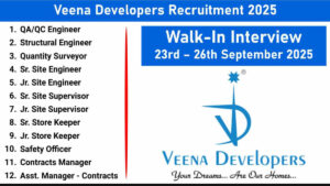 Veena Developers Walk-In Interview 2025 | Dates: 23rd – 26th September 2025 (Tuesday to Friday)